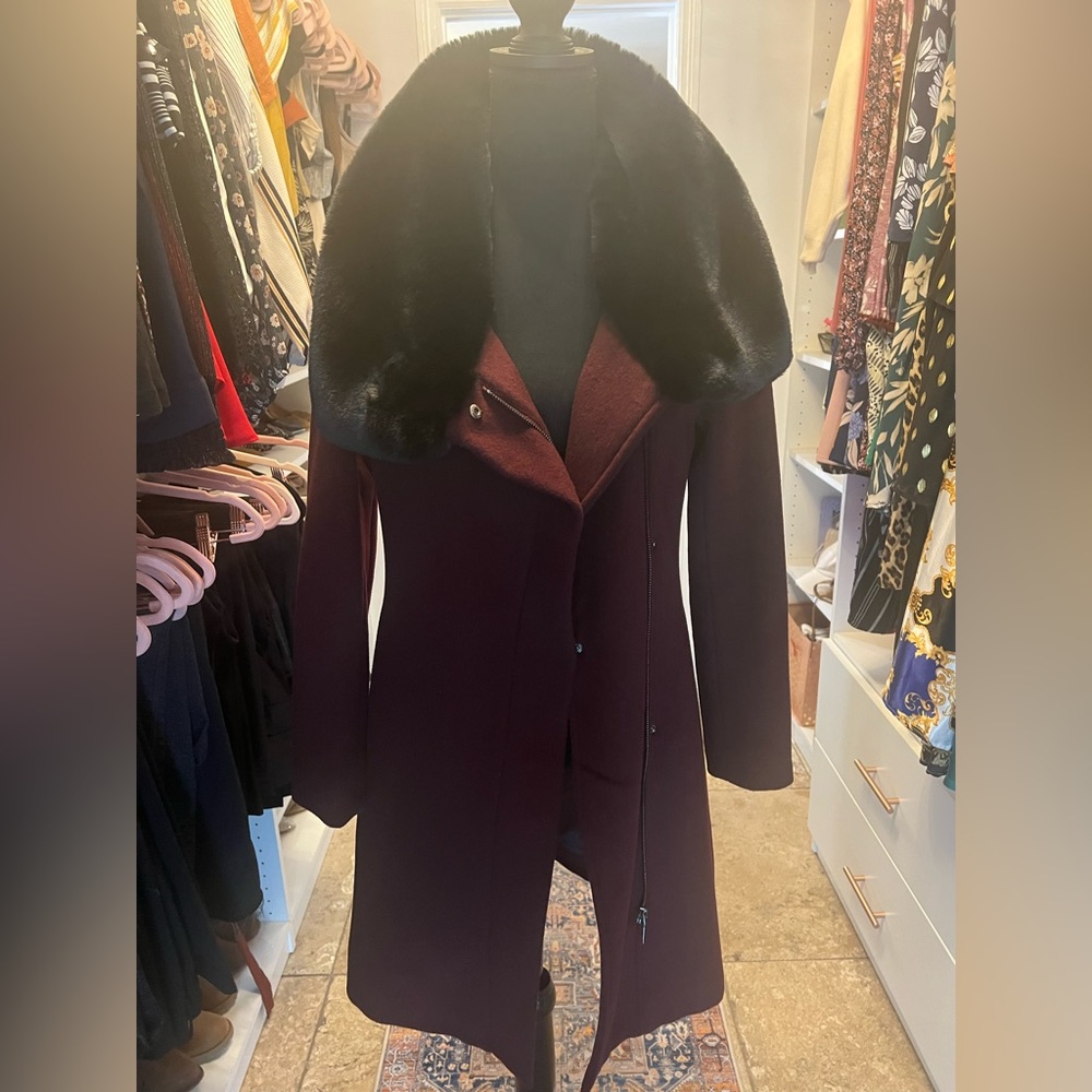 Red DKNY Winter Coat with Faux Fur Trim